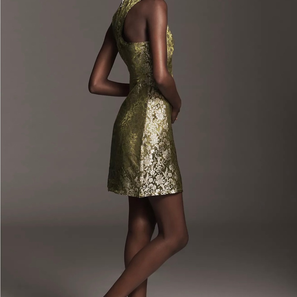 Anthropologie Olive Green Brocade V-Neck Sheath Dress - Picture 3 of 7